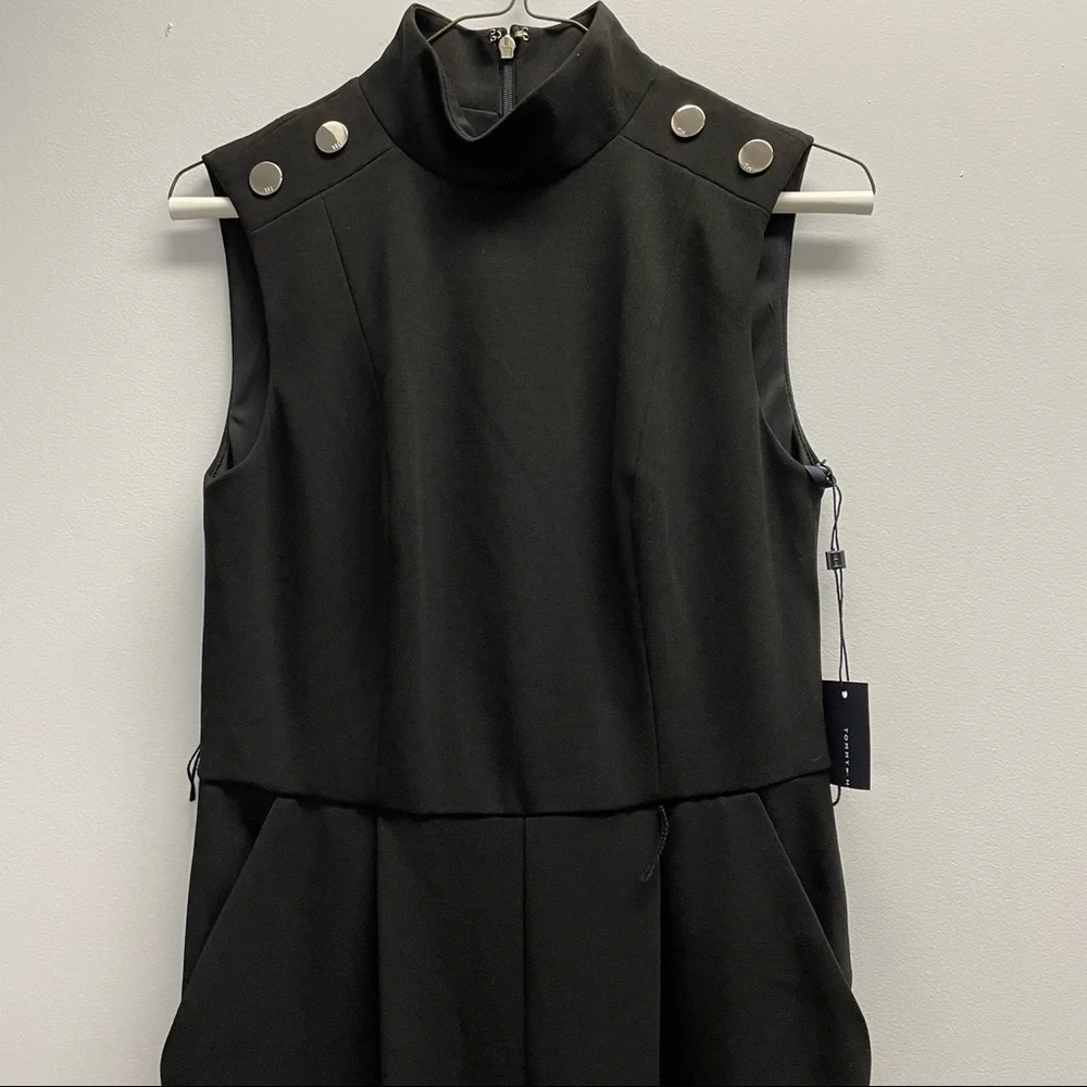 𝅺Tommy Hilfiger Women's Jumpsuit Black Size 2 Mock Neck Belted Button - Picture 3 of 9